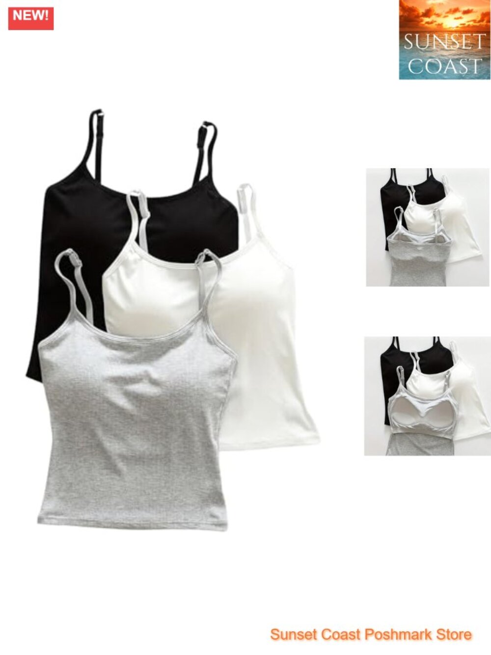 3 Pack Cami Crop Tops Built In Bra Spaghetti Strap Tank